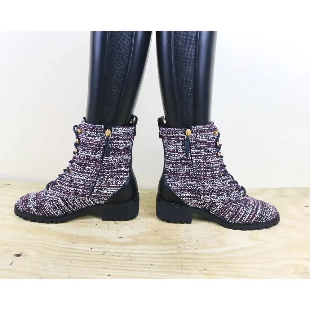 New Tory Burch Boots 5.5M Purple Tweed Leather Miller Combat Ankle Shoes